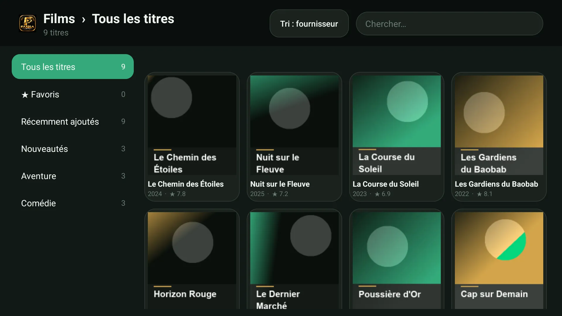 Les films : affiches, tri et recherche. Titres de démonstration.